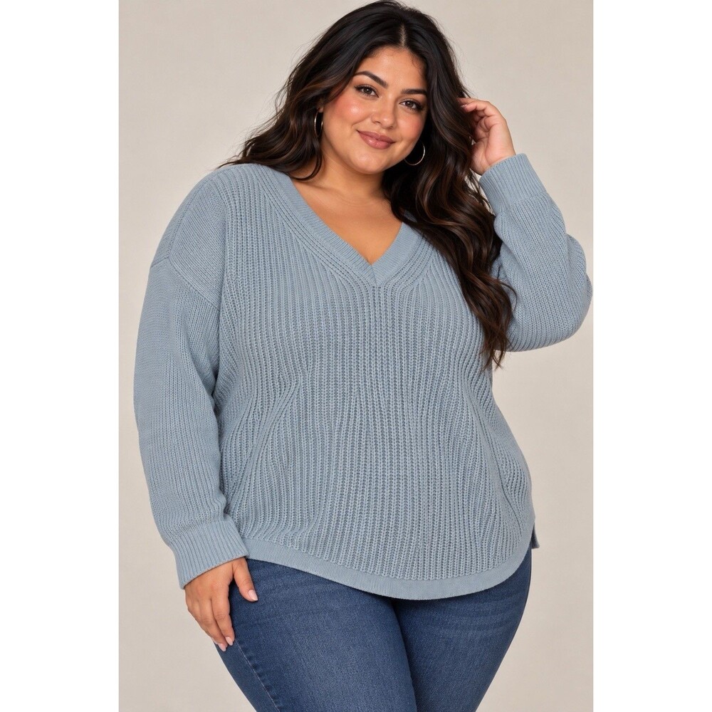 RD Style Women's 2X Sage Green V Neck Chunky Knit Pullover Sweater